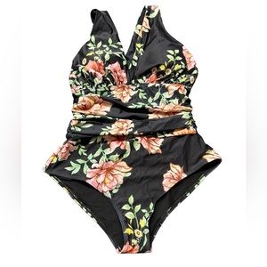 YOUDIAN modest Black floral one piece swimsuit w Criss cross back NWT